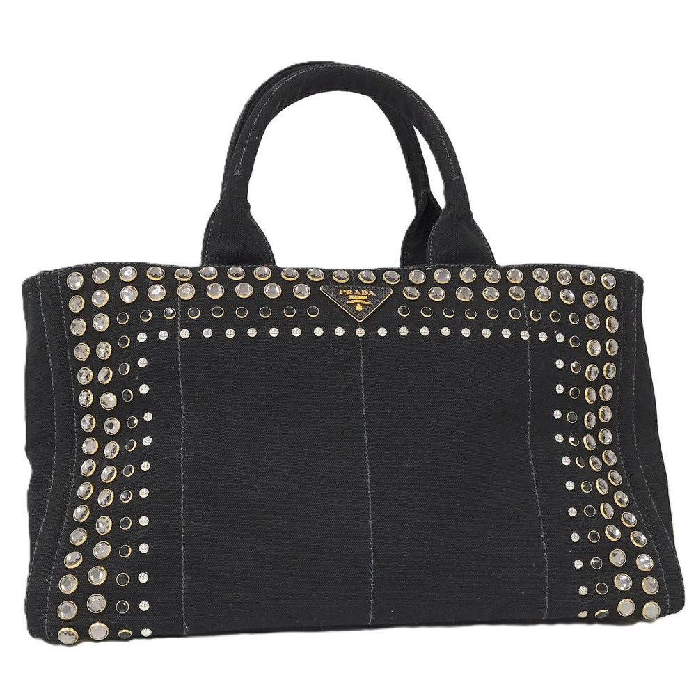 Prada Canapa Tote Bag Bijou Triangle Plate Canvas Black